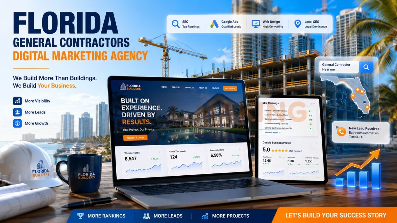 Digital marketing agency branding image for Florida general contractors featuring SEO rankings, leads, website traffic, and local marketing growth.