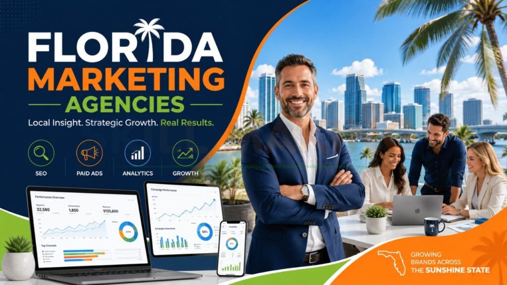 Professional Florida marketing agency infographic showing SEO, paid ads, analytics, and business growth services with a marketing team and performance dashboards