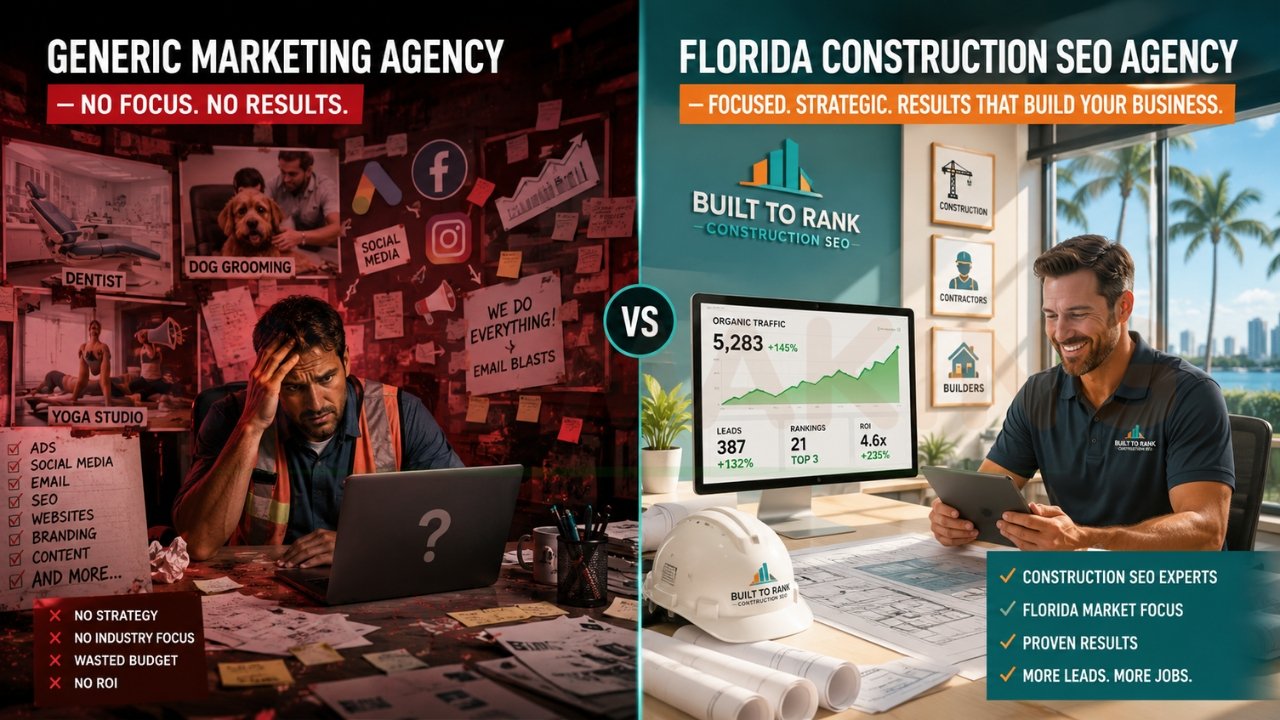 Generic marketing agency versus Florida construction SEO agency comparison showing targeted contractor SEO strategies and better lead generation results