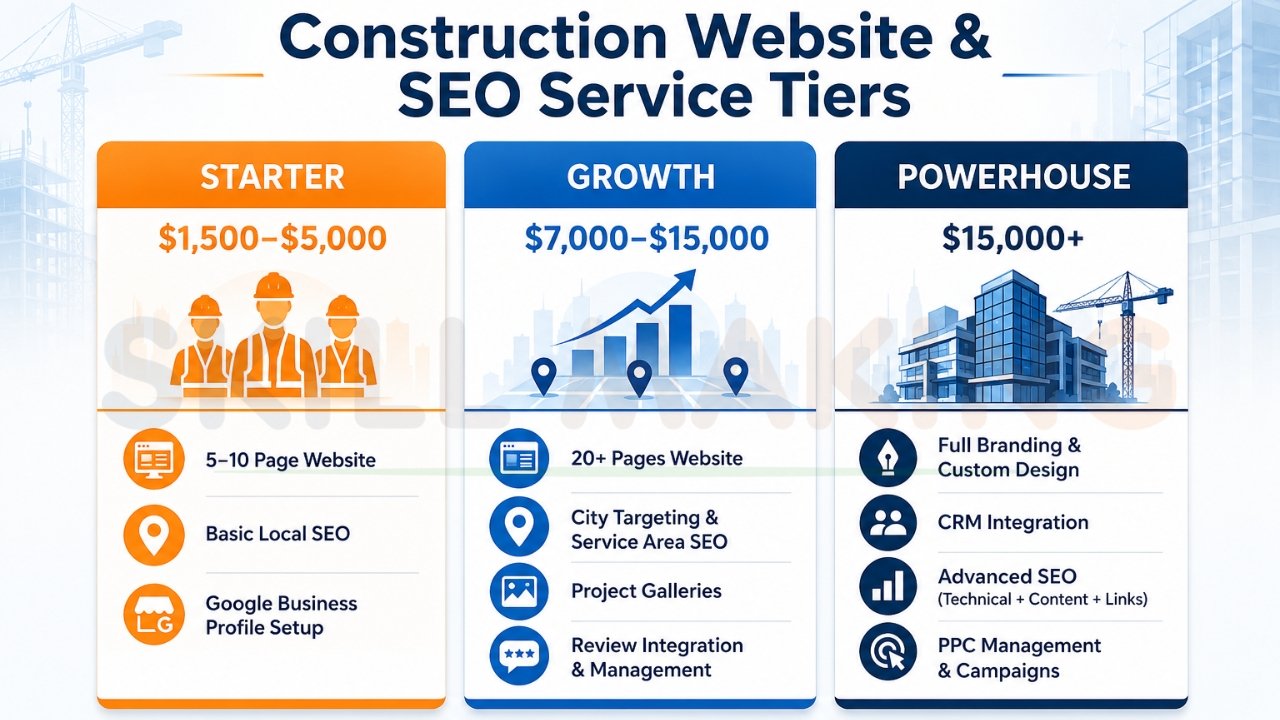 Construction website and SEO service pricing tiers infographic showing starter, growth, and powerhouse packages for contractors