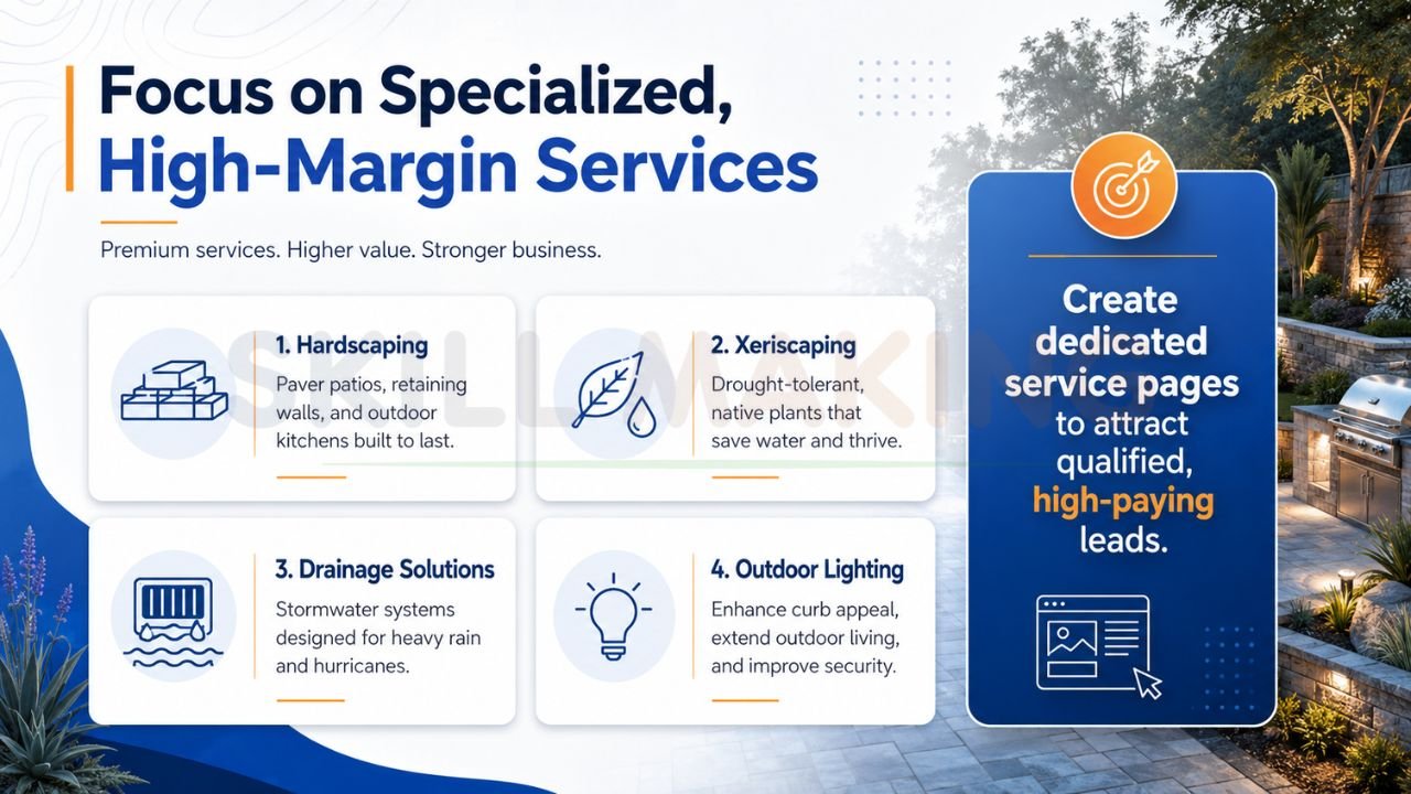 high-margin landscaping services including hardscaping, xeriscaping, drainage solutions, and outdoor lighting