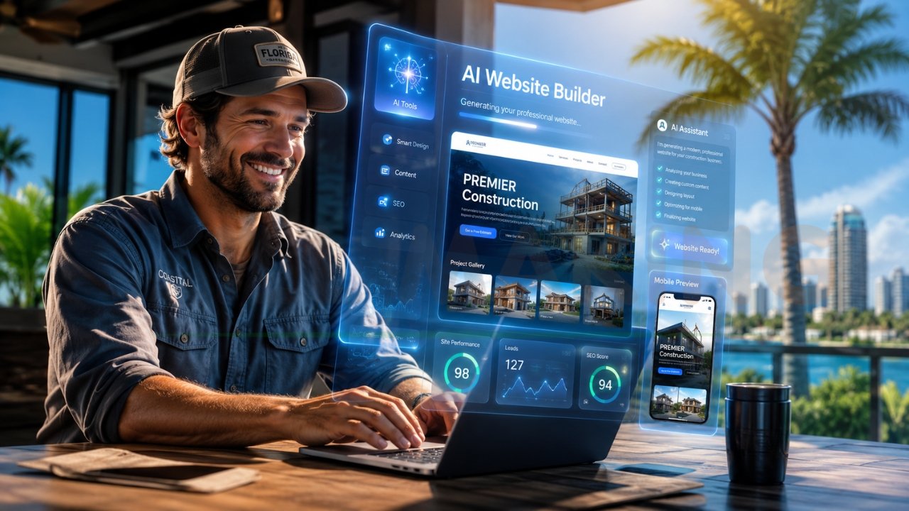 Contractor using AI website builder software to create a professional construction business website with SEO, analytics, and mobile optimization features