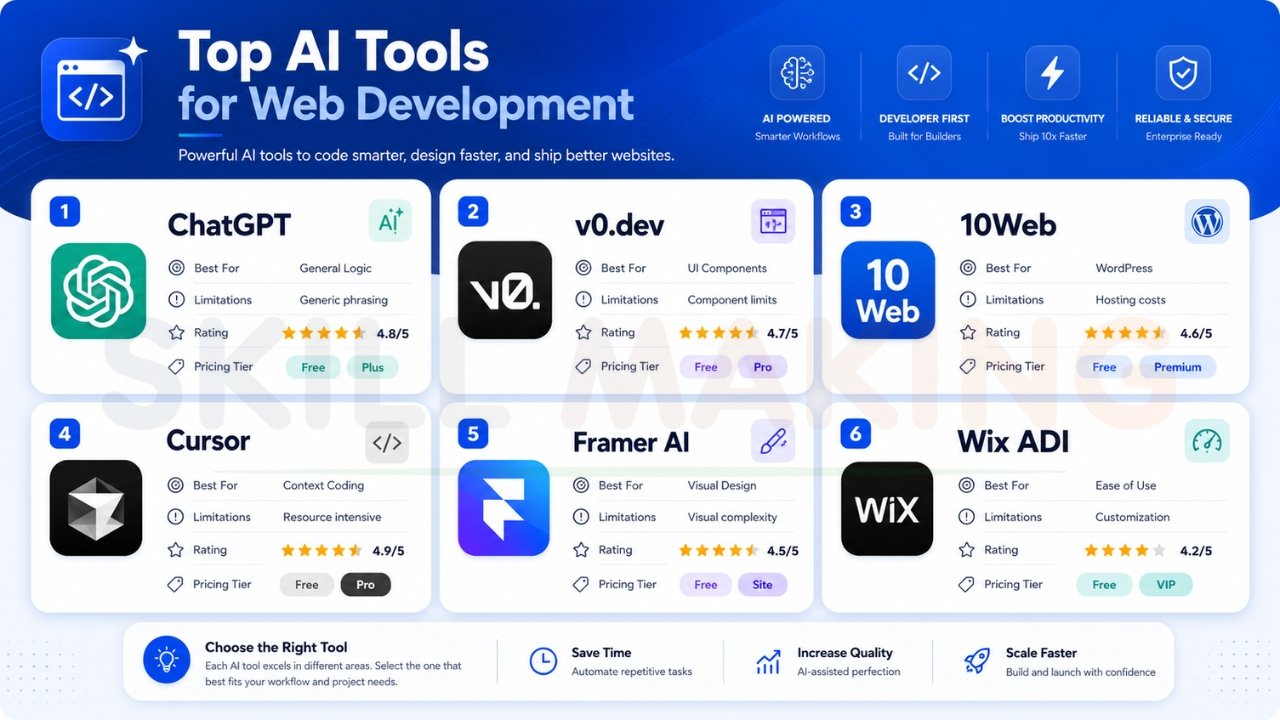 Comparison chart of top AI tools for web development including ChatGPT, v0.dev, 10Web, Cursor, Framer AI, and Wix ADI with ratings and features