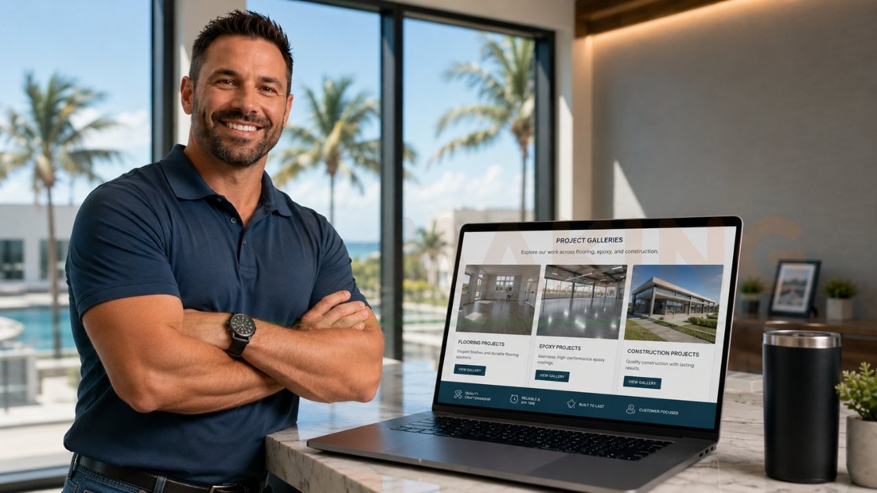 Professional contractor standing beside laptop displaying construction and flooring project gallery website in a modern office