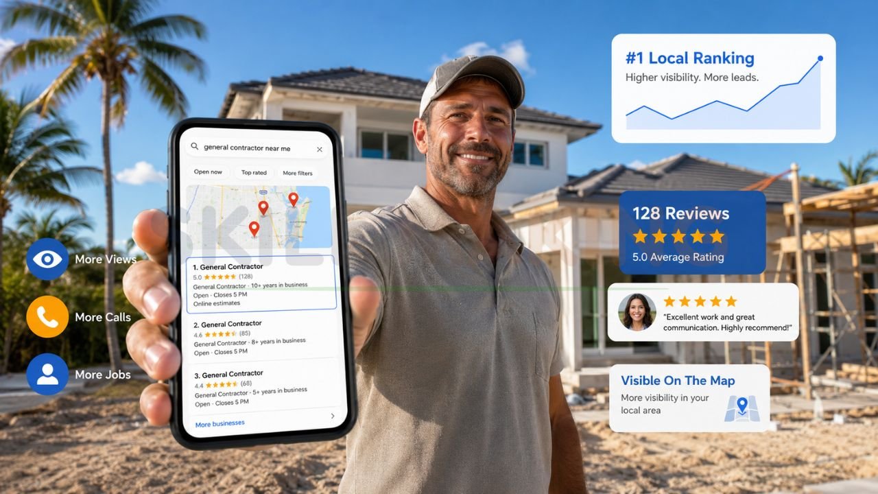 Florida general contractor showing top Google Maps rankings with customer reviews and local SEO growth