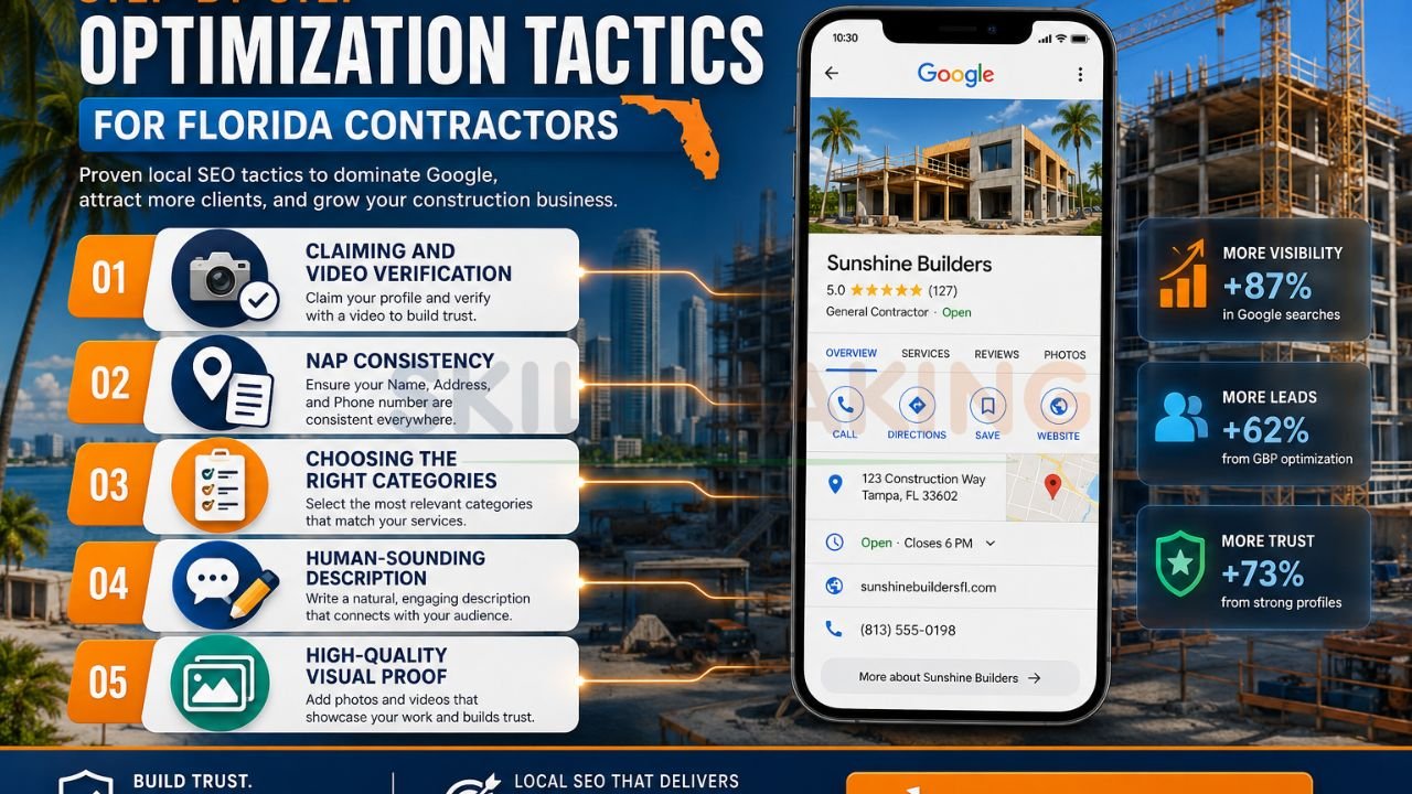 Step-by-step Google Business Profile optimization tactics infographic for Florida construction companies and local SEO success.