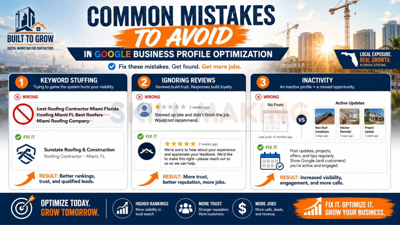 Infographic showing common Google Business Profile optimization mistakes and fixes for Florida contractors and local SEO growth.