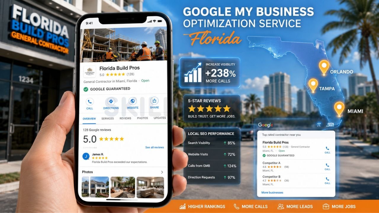 Google My Business optimization service for Florida contractors showing local SEO growth, reviews, and increased leads.