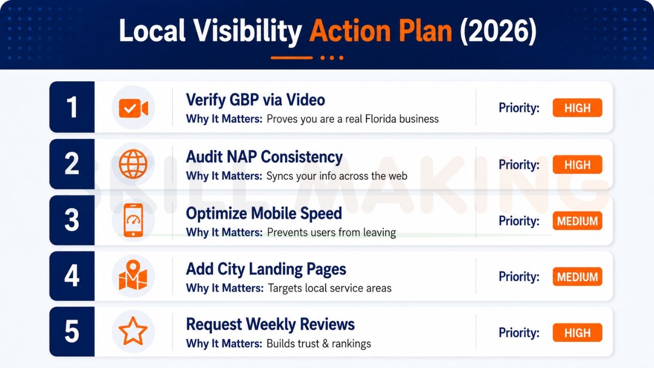 Local SEO action plan 2026 showing steps to improve Google visibility and rankings