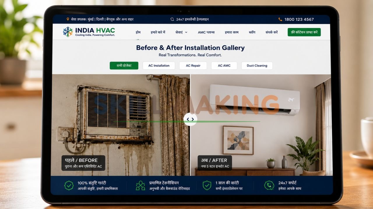 Before and after AC installation images on professional HVAC website designed for Indian market