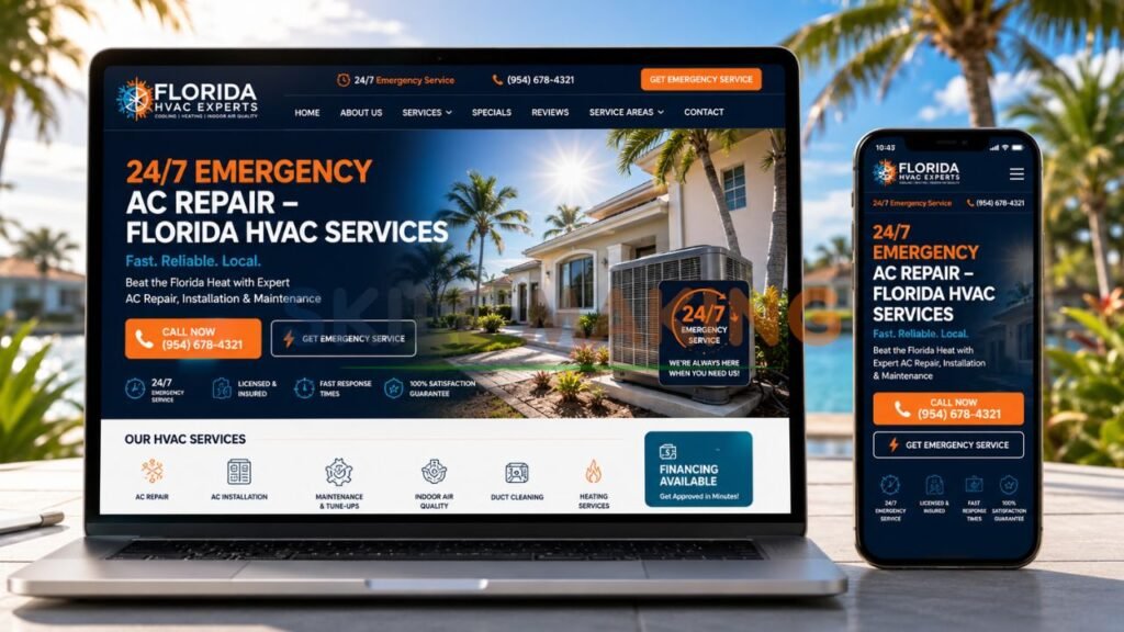 Modern Florida HVAC contractor website mockup on laptop and mobile showing emergency AC repair