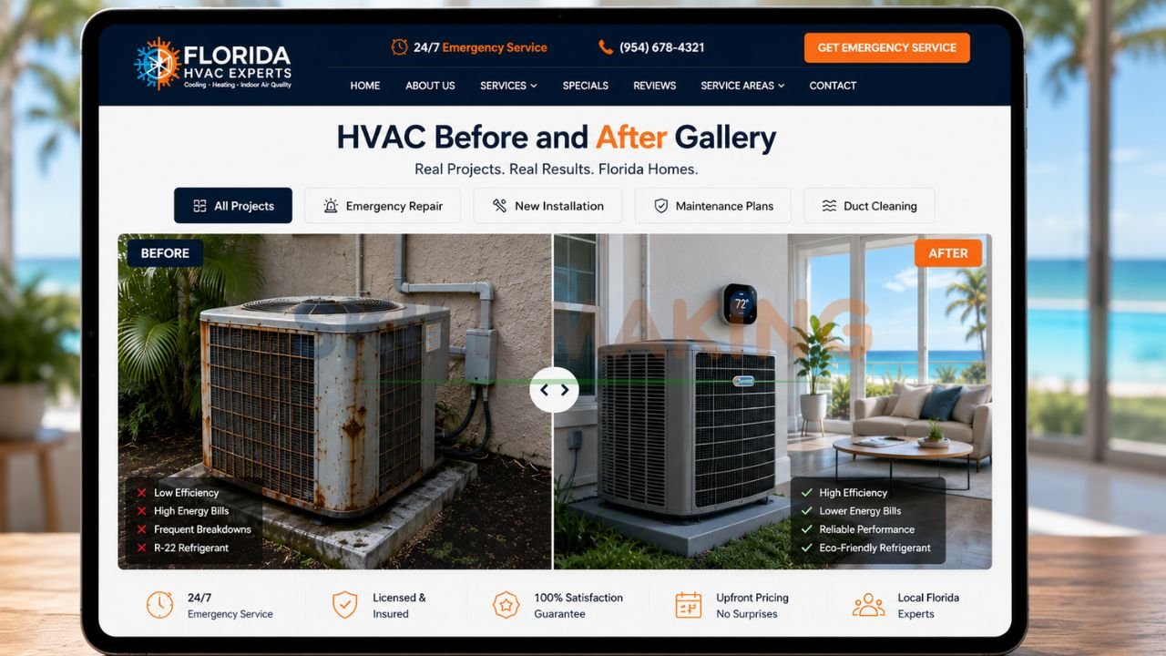 Before and after HVAC system installation photos on professional Florida contractor website