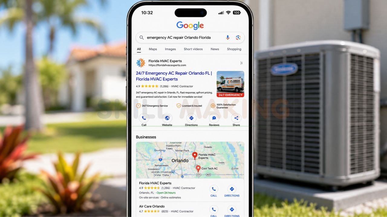 Google search results and Map Pack for emergency AC repair Orlando or Miami on HVAC website
