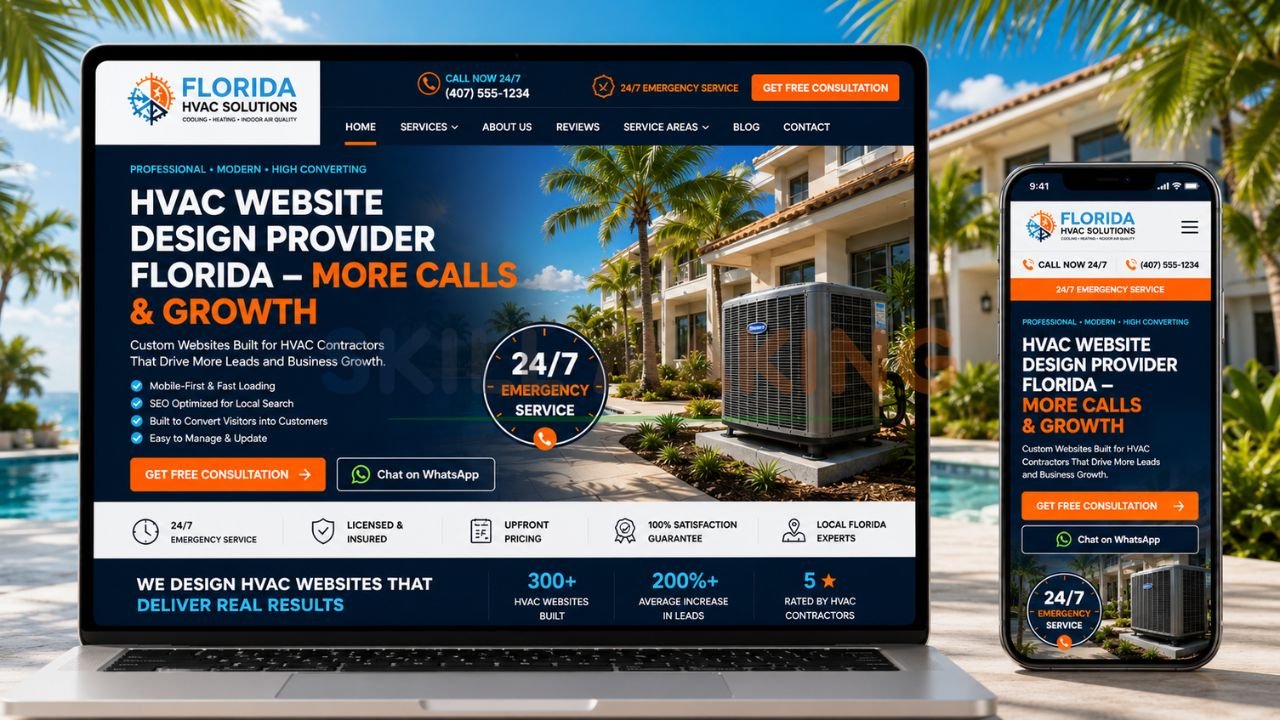 Professional HVAC website design provider for Florida contractors showing custom website mockup on laptop and mobile