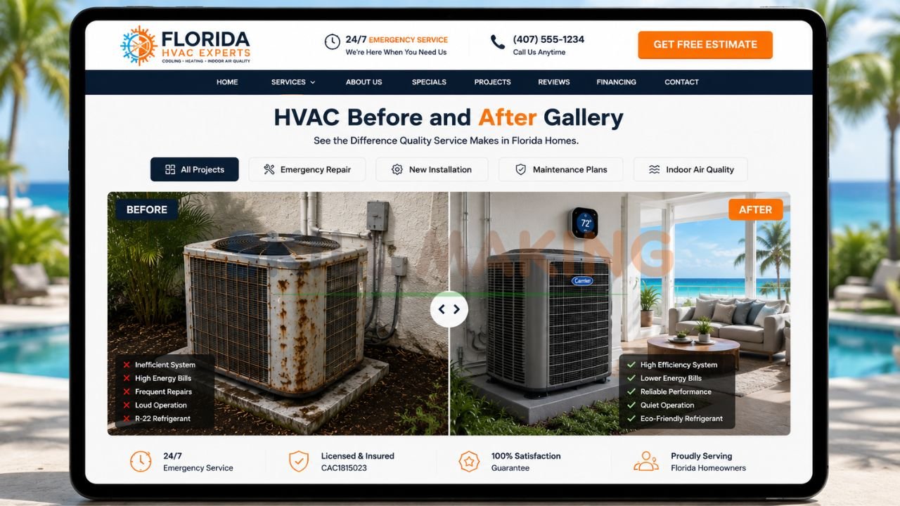 Before and after HVAC installation photos on professional Florida contractor website