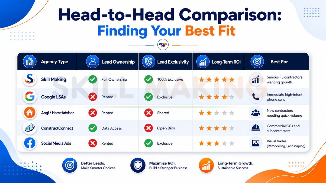 Comparison chart of construction lead generation services including Google LSAs, Angi, ConstructConnect, social media ads, and Skill Making for Florida contractors