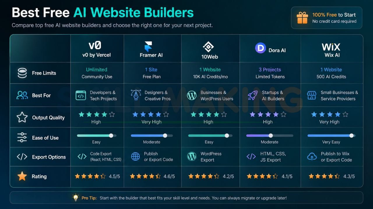 comparison table of best free AI website builders including v0 Vercel Framer AI 10Web Dora AI and Wix AI