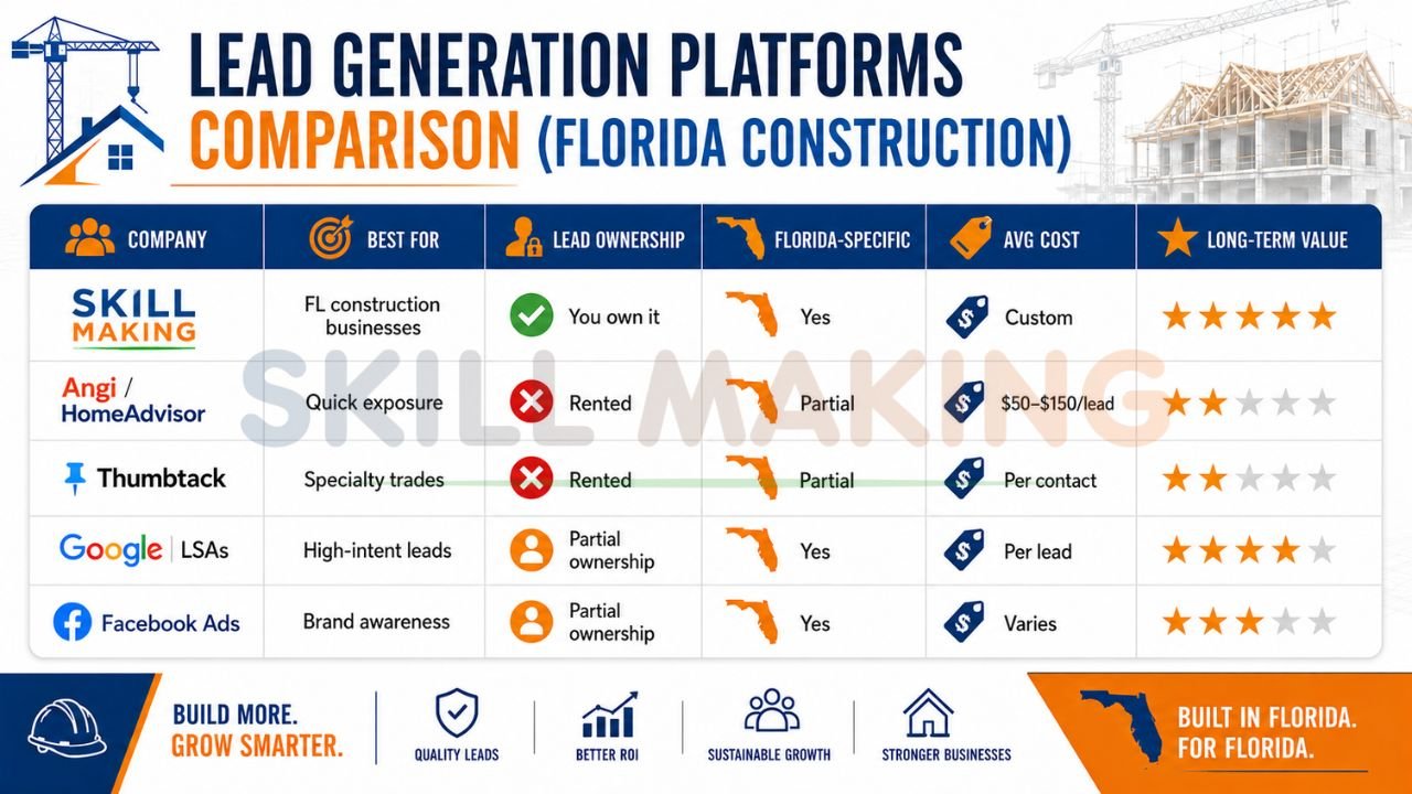 comparison of construction lead generation platforms including Google LSAs Facebook Ads Angi Thumbtack and contractor marketing services in Florida