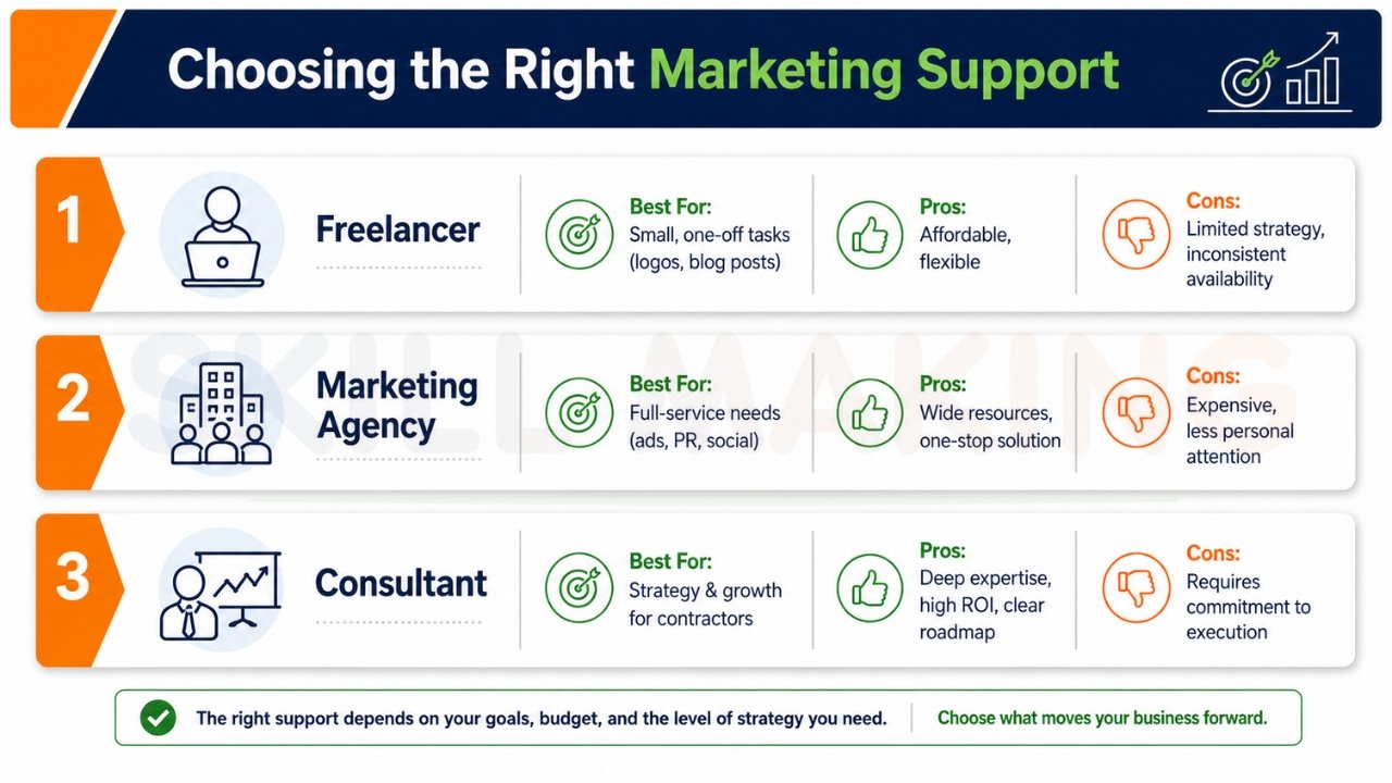 Marketing support comparison infographic showing freelancer, marketing agency, and consultant options for contractors and small businesses with pros, cons, and best use cases.