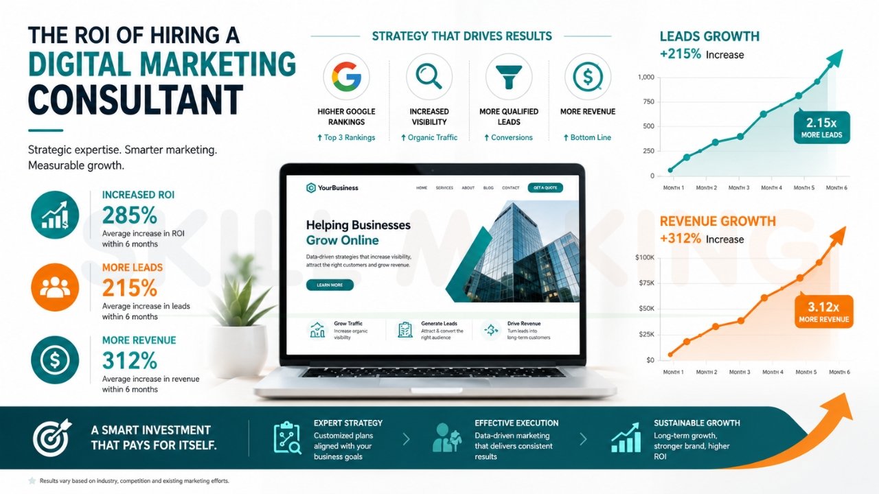 ROI of hiring a digital marketing consultant infographic showing increased leads, revenue growth, Google rankings, and business growth statistics with charts and website mockup.