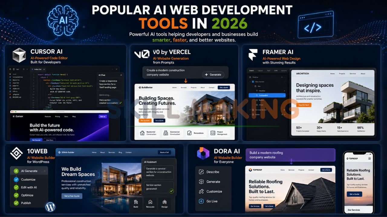 Collage of top AI tools like Cursor, v0, Framer AI, and 10Web for website building