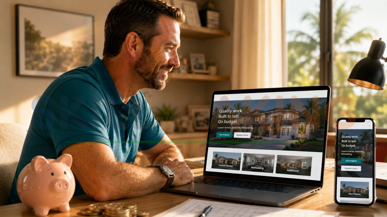 Small business owner building an affordable responsive website on laptop and mobile under a budget