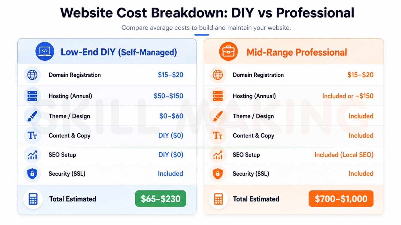 Entrepreneur reviewing an affordable business website on laptop and mobile with savings concept beside desk