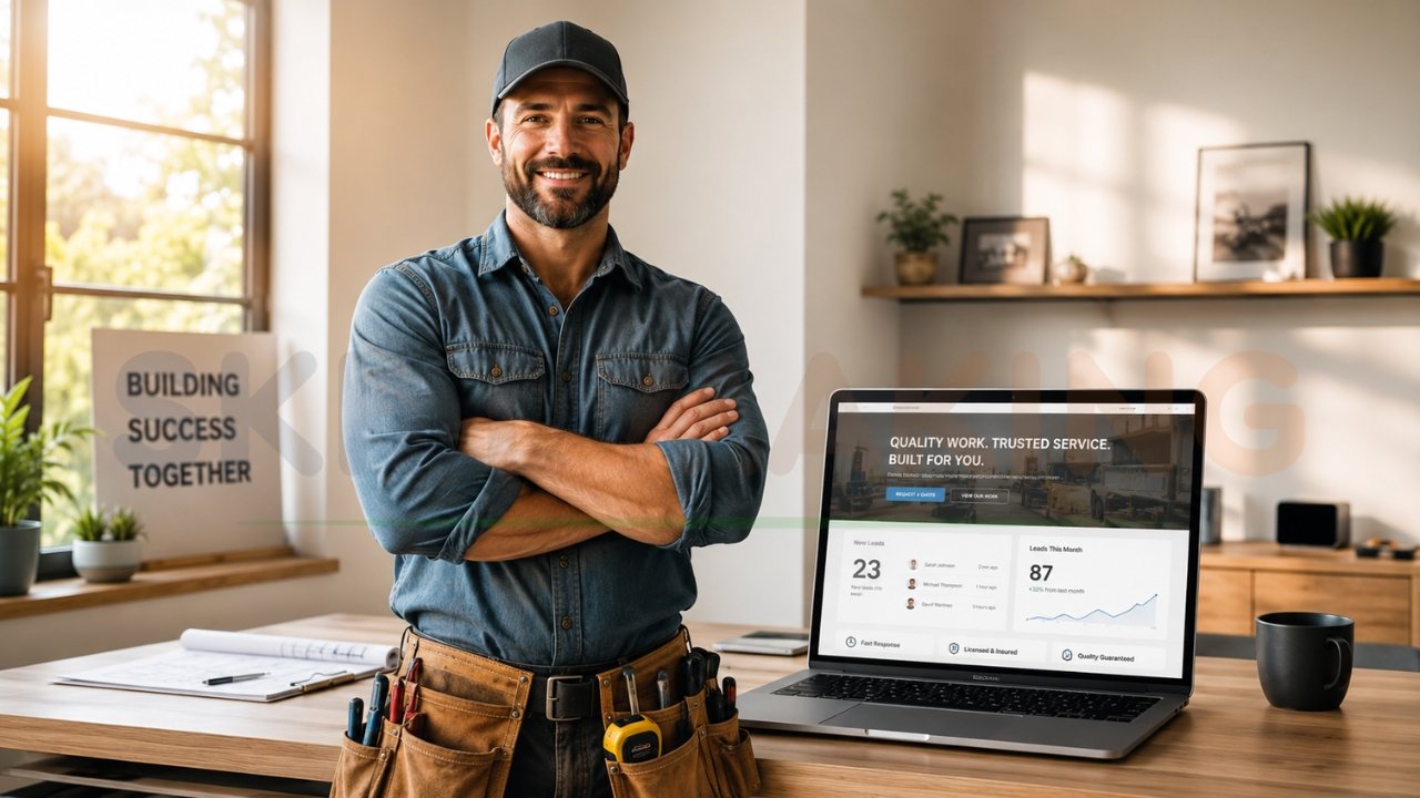 Contractor standing beside affordable professional business website displayed on laptop in home office
