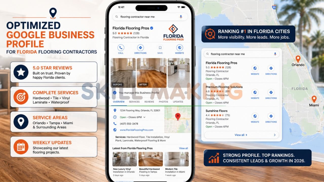 Google Business Profile and Map Pack showing flooring contractor ranking high in Florida cities