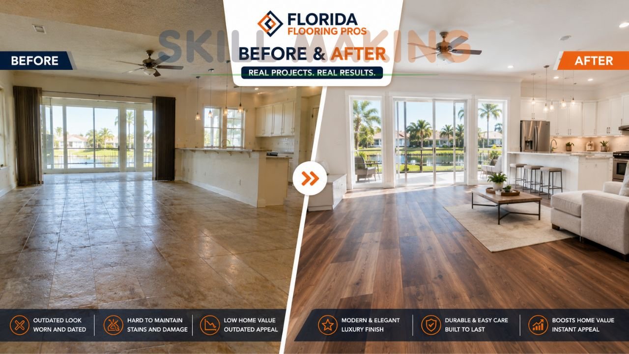 Before and after luxury flooring installation project in Florida home by professional contractor
