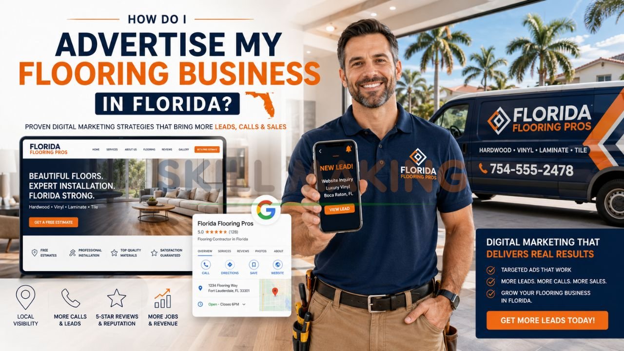 Professional Florida flooring contractor advertising with branded van, website, and beautiful installed floor