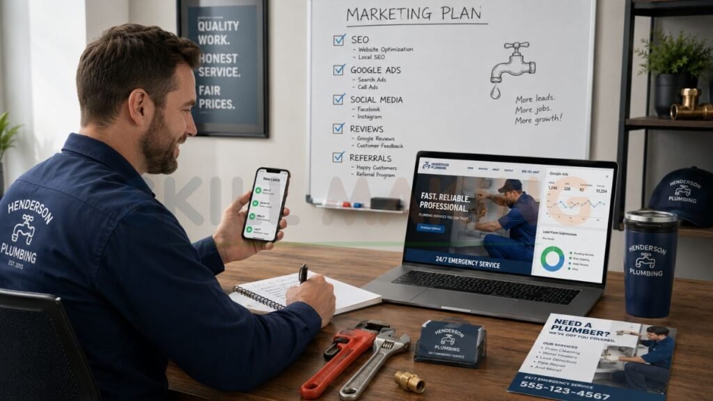 Plumbing business advertising strategies including local SEO Google Ads social media reviews and website marketing for plumbers