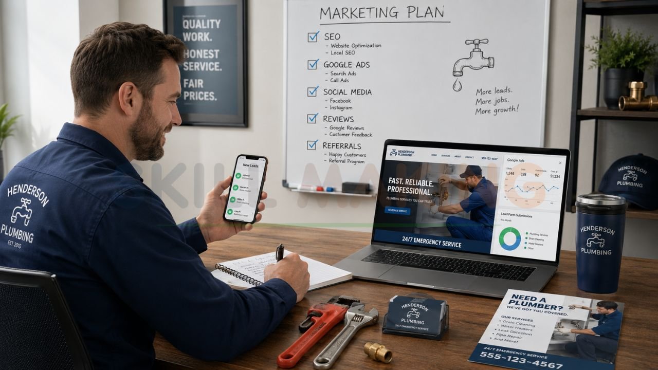 Plumbing business advertising strategies including local SEO Google Ads social media reviews and website marketing for plumbers