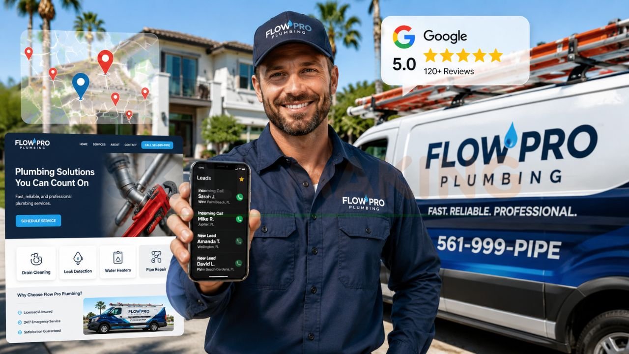 plumbing contractor generating local leads through website design Google reviews and local SEO marketing