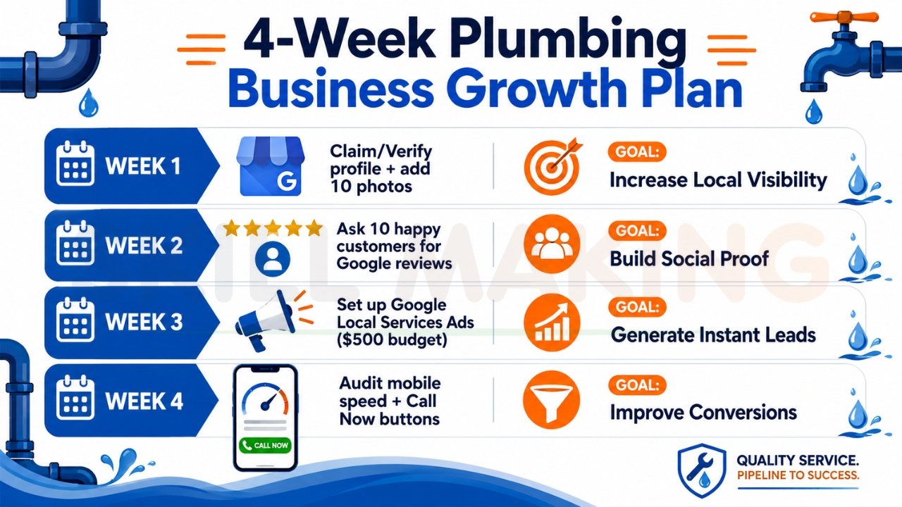 4-week plumbing business growth plan infographic
