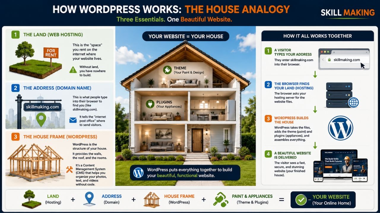 Infographic explaining WordPress using a house-building analogy with web hosting as land, domain name as address, and WordPress as the house frame