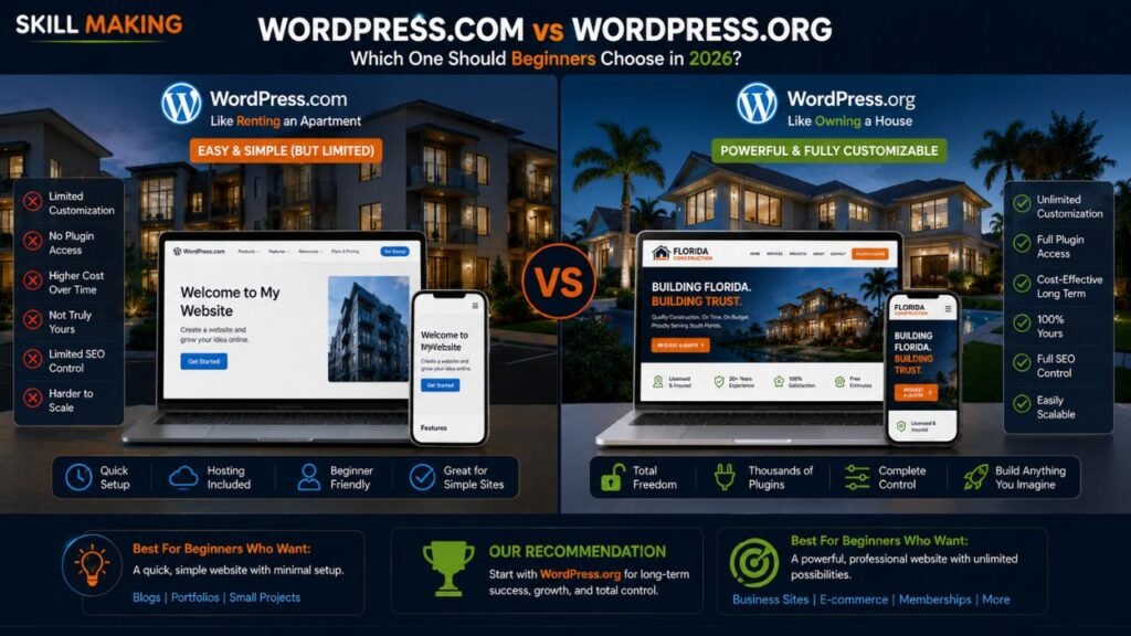 Side-by-side comparison of WordPress.com and WordPress.org for beginners