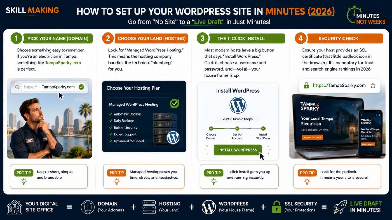 Step-by-step infographic showing how beginners can set up a WordPress website with domain, hosting, one-click install, and SSL security