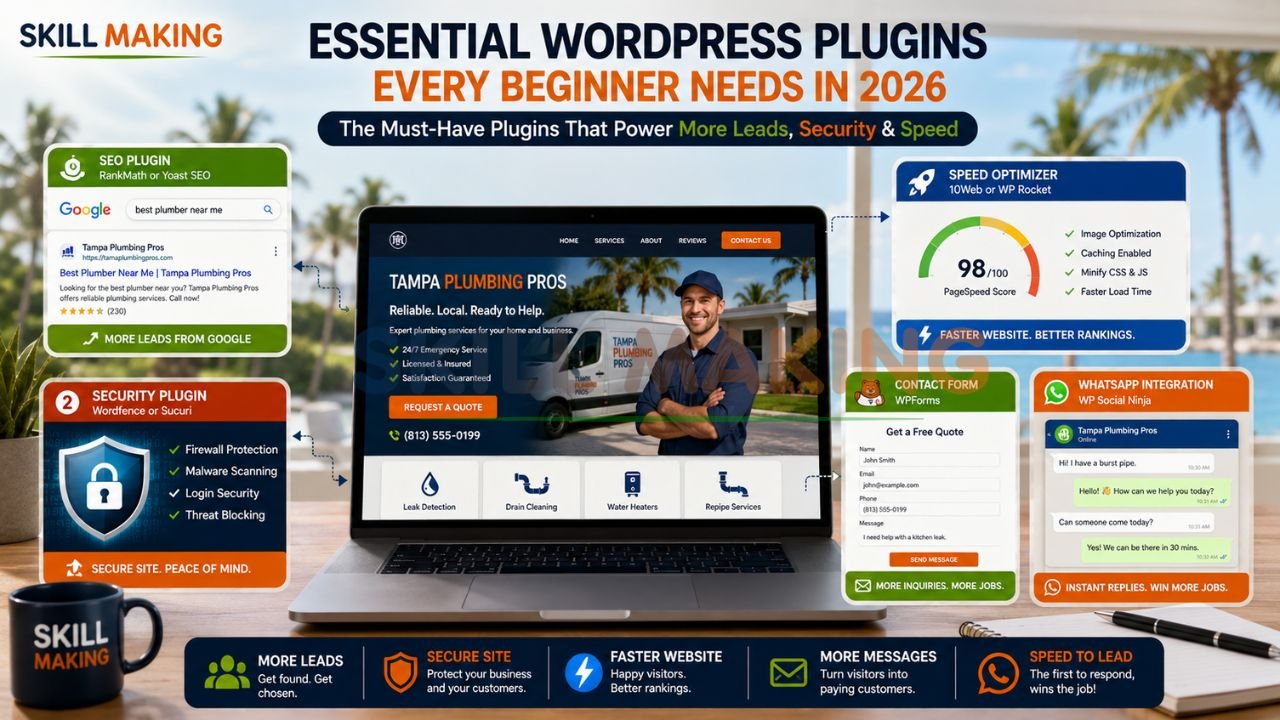 Infographic showing essential WordPress plugins including SEO, security, speed optimization, contact forms, and WhatsApp integration for small business websites