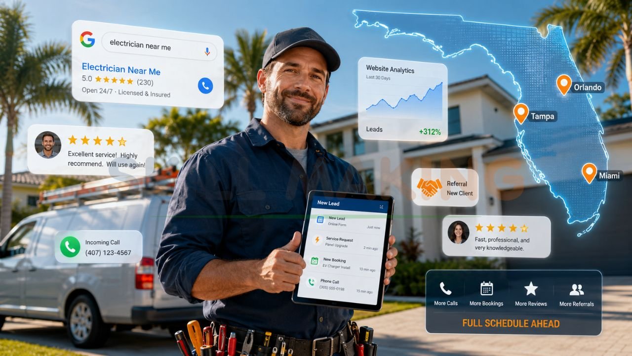Florida electrician generating new clients through Google reviews local SEO referrals online leads and electrician website marketing