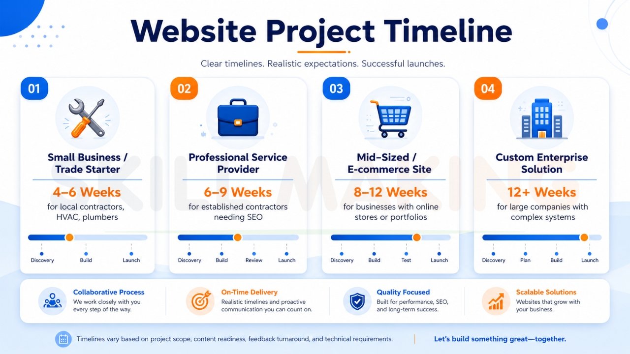 Website project timeline infographic showing estimated website development and redesign timelines for small business, professional, ecommerce, and enterprise websites