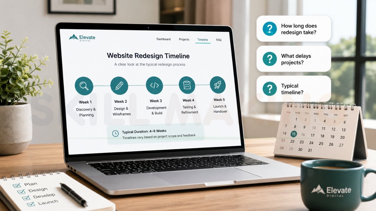 Laptop displaying a website redesign timeline with planning, design, development, testing, and launch phases over a 4–6 week schedule