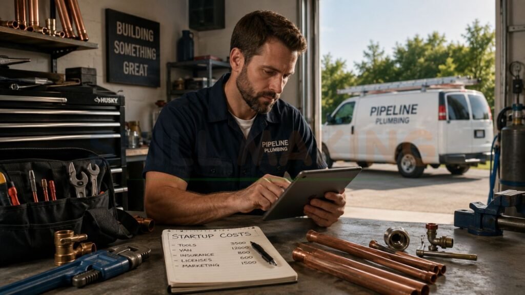 plumbing business owner calculating startup costs for tools van insurance licenses and marketing expenses