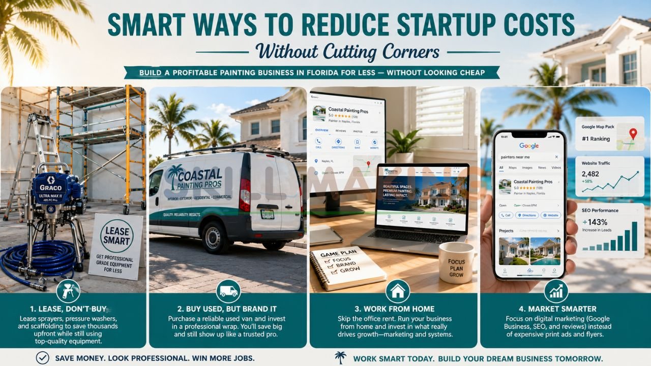 Smart cost-saving strategies for starting a painting business in Florida – leasing equipment, used van with wrap, home office, and digital marketing focus