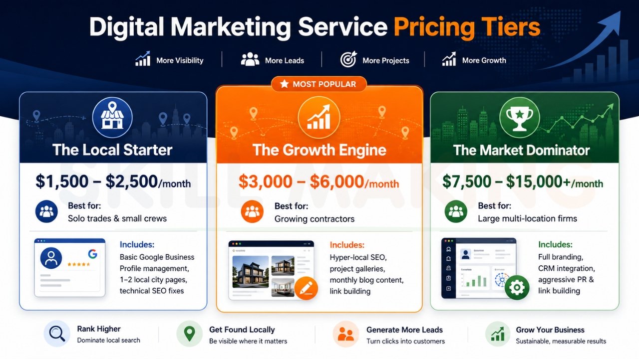 Digital marketing service pricing tiers for local SEO, lead generation, and business growth.