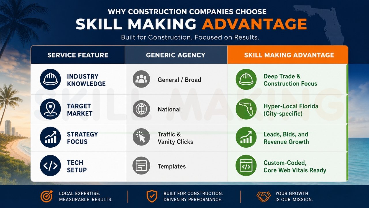 Construction marketing comparison between generic agencies and Skill Making Advantage digital marketing services.