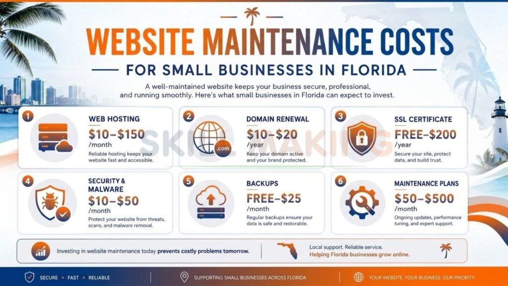 Infographic showing website maintenance costs for Florida small businesses including hosting, security, backups, SSL, and maintenance plans.