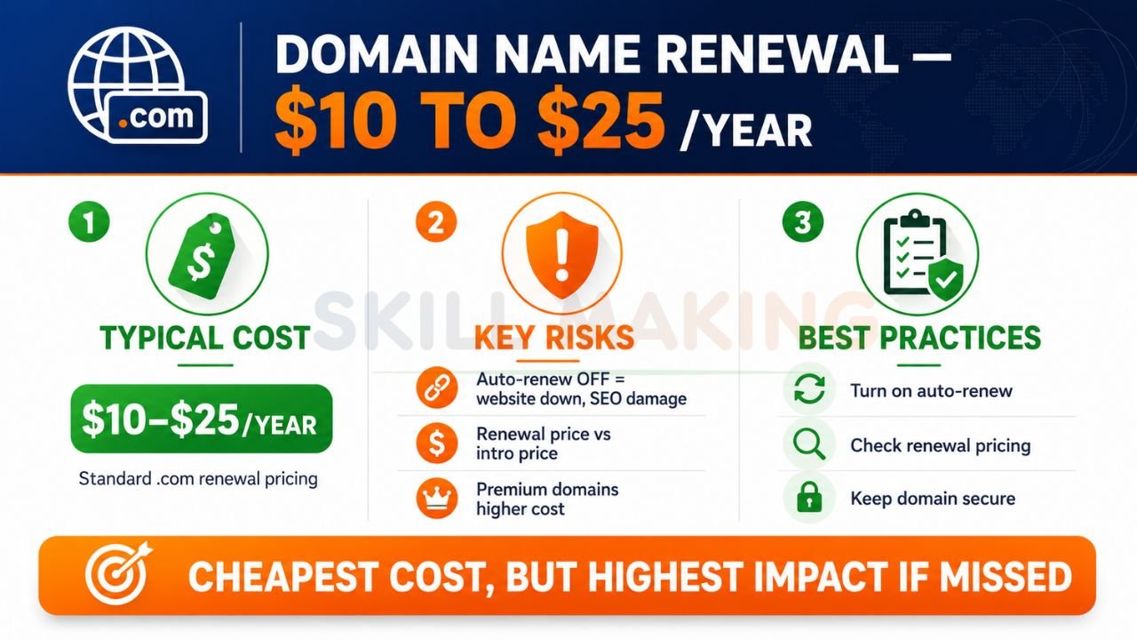 Infographic showing annual domain renewal costs, risks of expiration, and best practices for domain management.