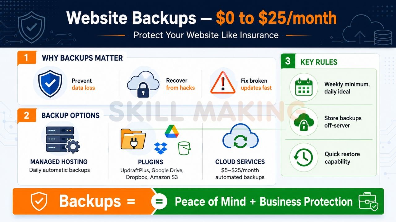 Infographic explaining website backup systems, cloud backups, automatic backups, and recovery options.