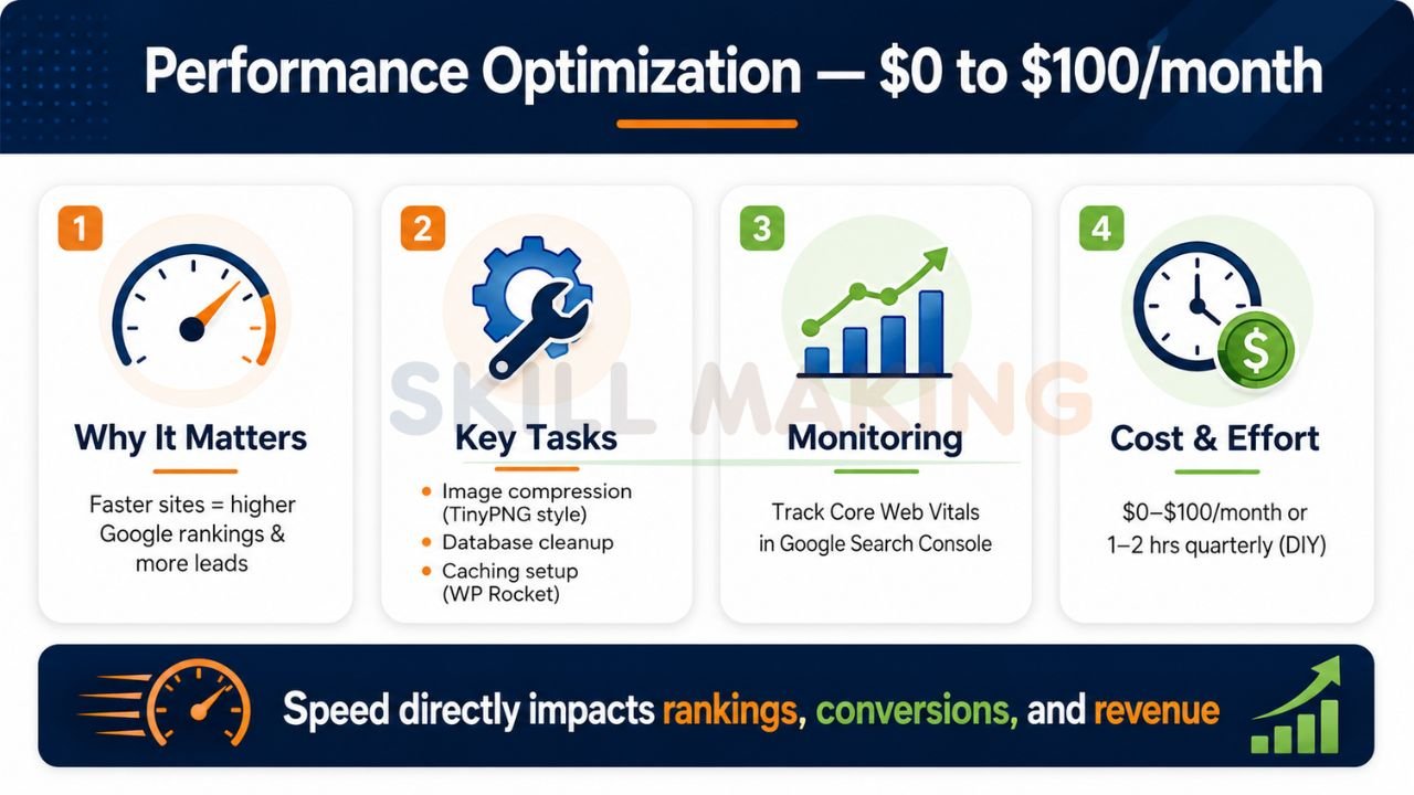 Website performance optimization infographic explaining speed improvements, monitoring, caching, and SEO impact.